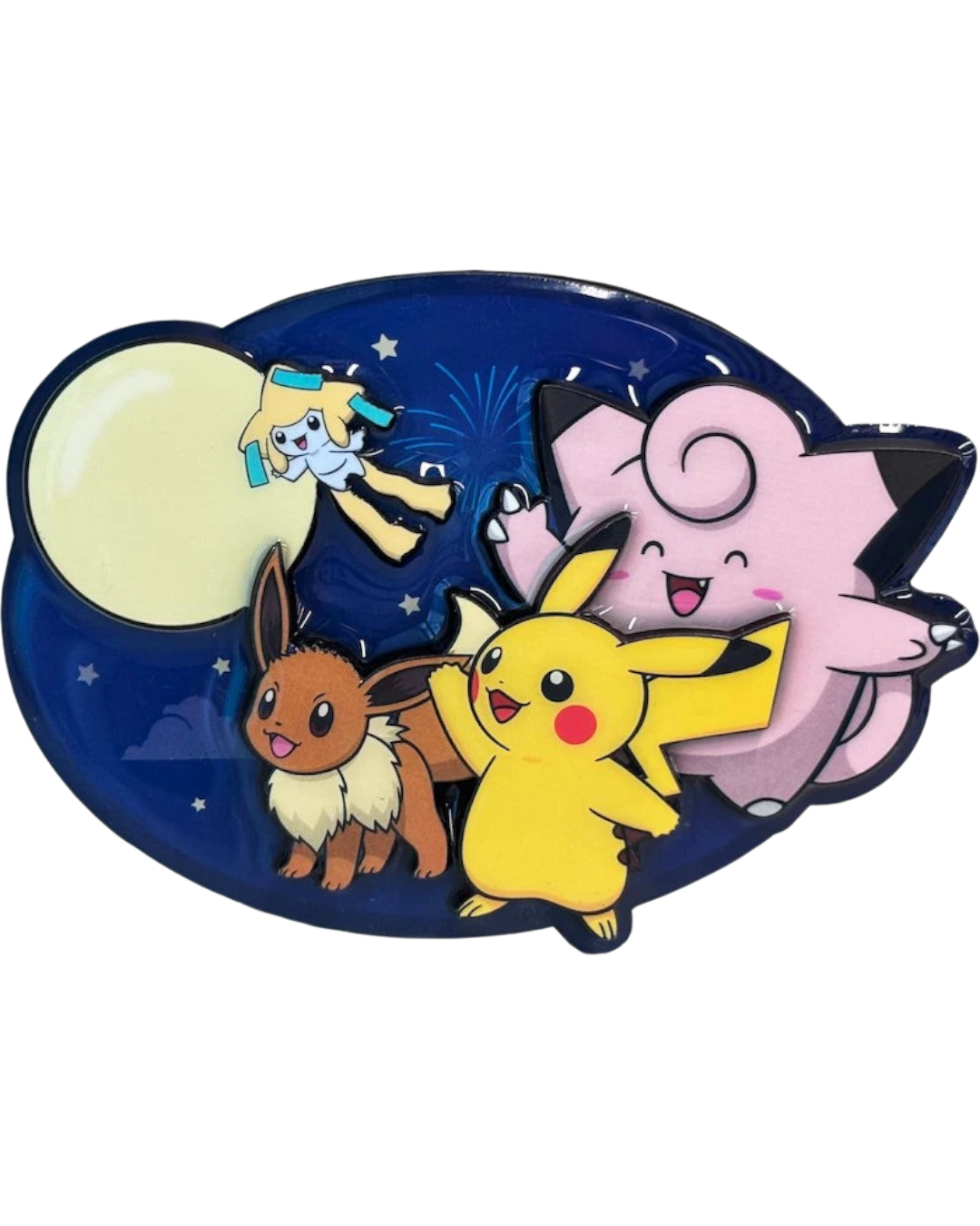 VaultifyUK Pokémon Mid-Autumn Festival enamel pin featuring Pikachu, Clefairy, Eevee, and Jirachi under a full moon.