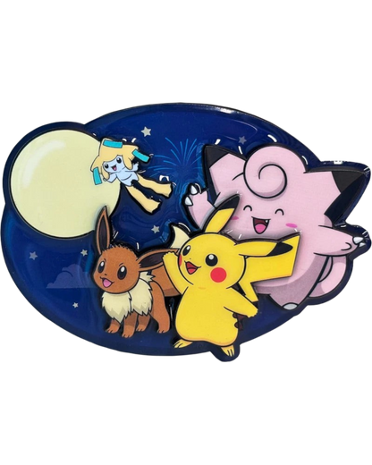 VaultifyUK Pokémon Mid-Autumn Festival enamel pin featuring Pikachu, Clefairy, Eevee, and Jirachi under a full moon.