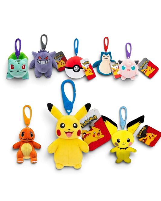 VaultifyUK Pokémon 3.5 inch plush bag clips featuring assorted characters like Pikachu, Gengar, and Bulbasaur.