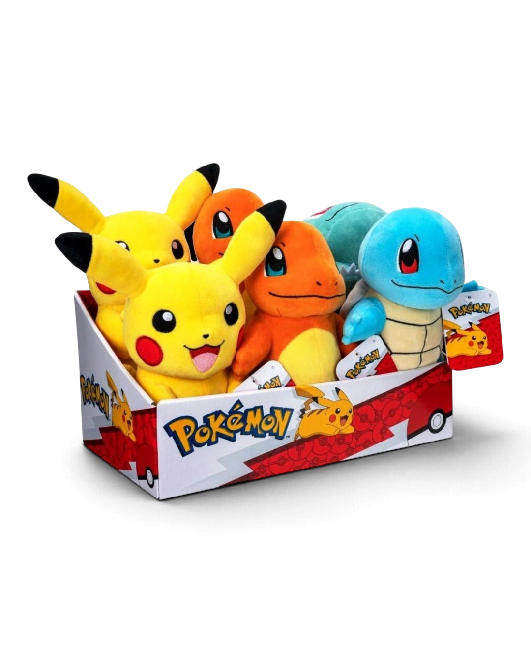VaultifyUK official Pokémon 8-inch plush collection featuring Pikachu, Charmander, and Squirtle in a display box.
