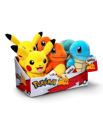 VaultifyUK official Pokémon 8-inch plush collection featuring Pikachu, Charmander, and Squirtle in a display box.