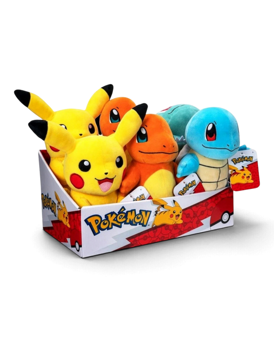 VaultifyUK official Pokémon 8-inch plush collection featuring Pikachu, Charmander, and Squirtle in a display box.