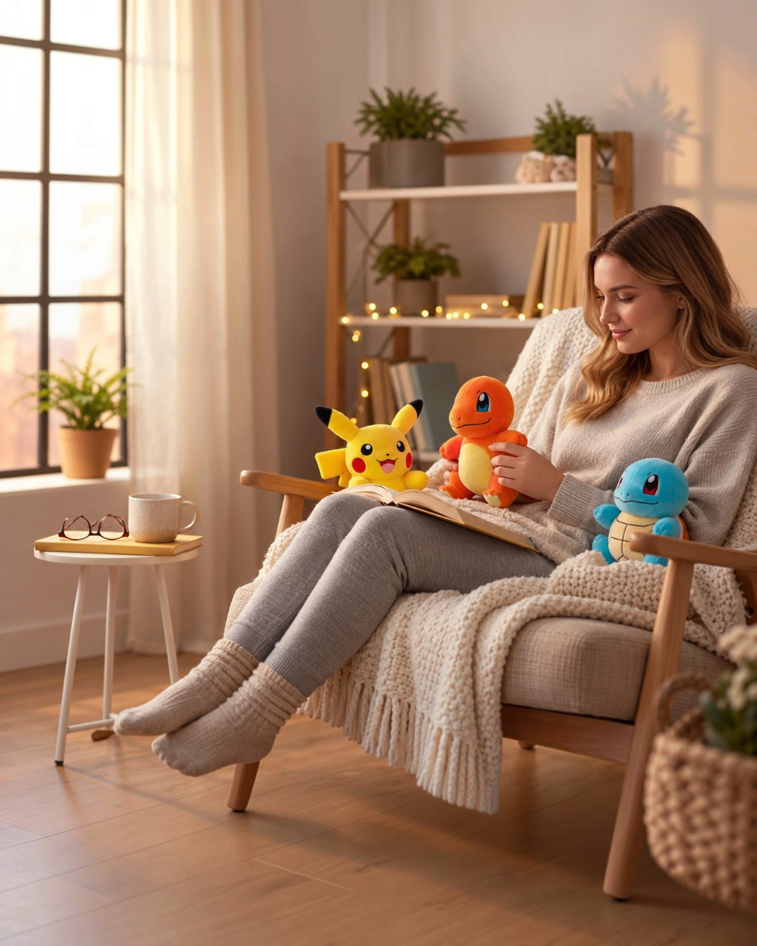VaultifyUK 8-inch Pokémon plush toys including Pikachu, Charmander, and Squirtle held by a woman in a cozy room.