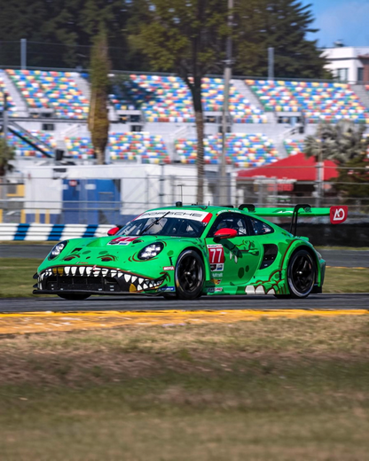 VaultifyUK MINI GT Porsche 911 GT3 R Rexy diecast model featuring the iconic green T-Rex livery from Daytona 24 Hours