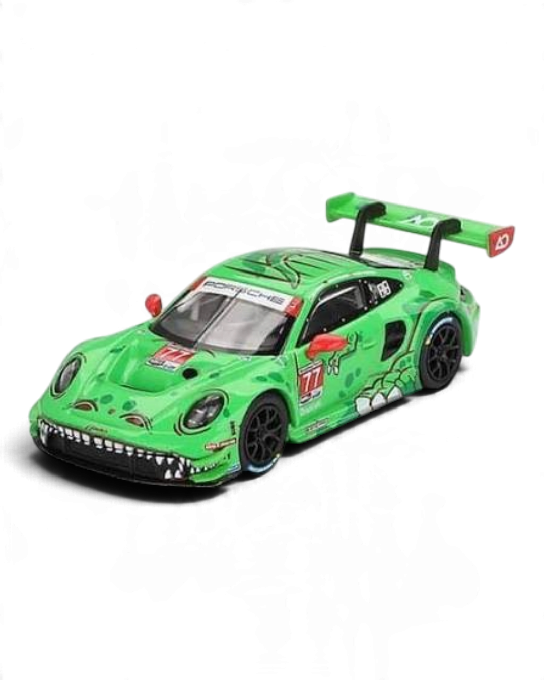 VaultifyUK MINI GT Porsche 911 GT3 R Rexy diecast model in green T-Rex livery from the 2024 Daytona 24 Hours