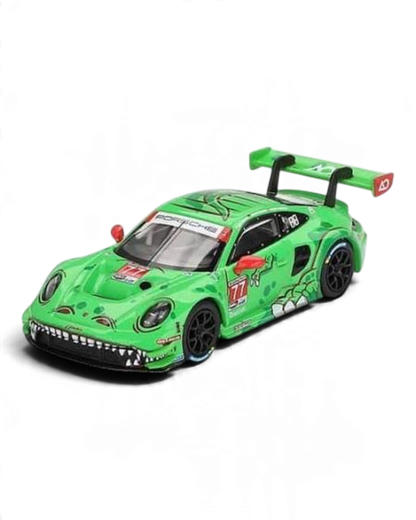 VaultifyUK MINI GT Porsche 911 GT3 R Rexy diecast model in green T-Rex livery from the 2024 Daytona 24 Hours