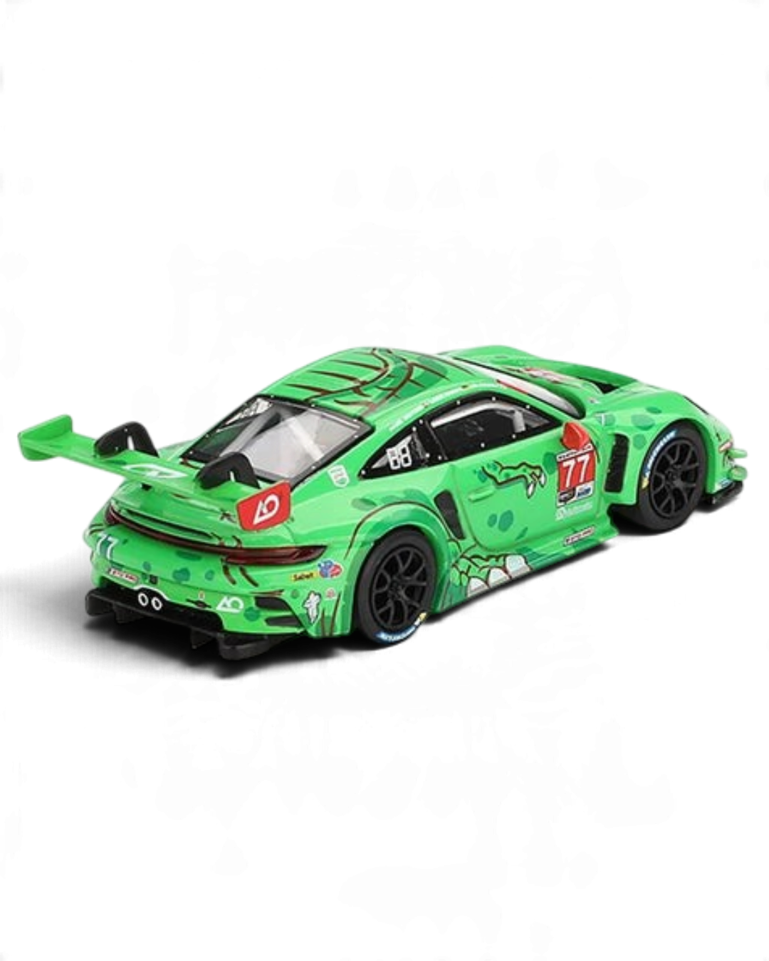 VaultifyUK MINI GT Porsche 911 GT3 R Rexy diecast car in green T-Rex livery from the 2024 Daytona 24 Hours