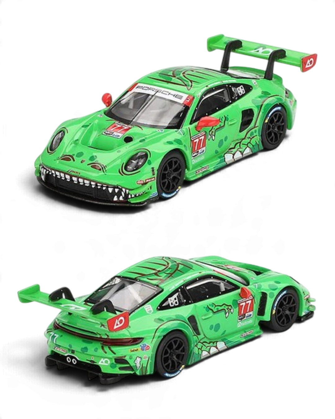 VaultifyUK MINI GT Porsche 911 GT3 R Rexy diecast model in green T-Rex livery from the 2024 Daytona 24 Hours race.