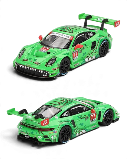 VaultifyUK MINI GT Porsche 911 GT3 R Rexy diecast model in green T-Rex livery from the 2024 Daytona 24 Hours race.