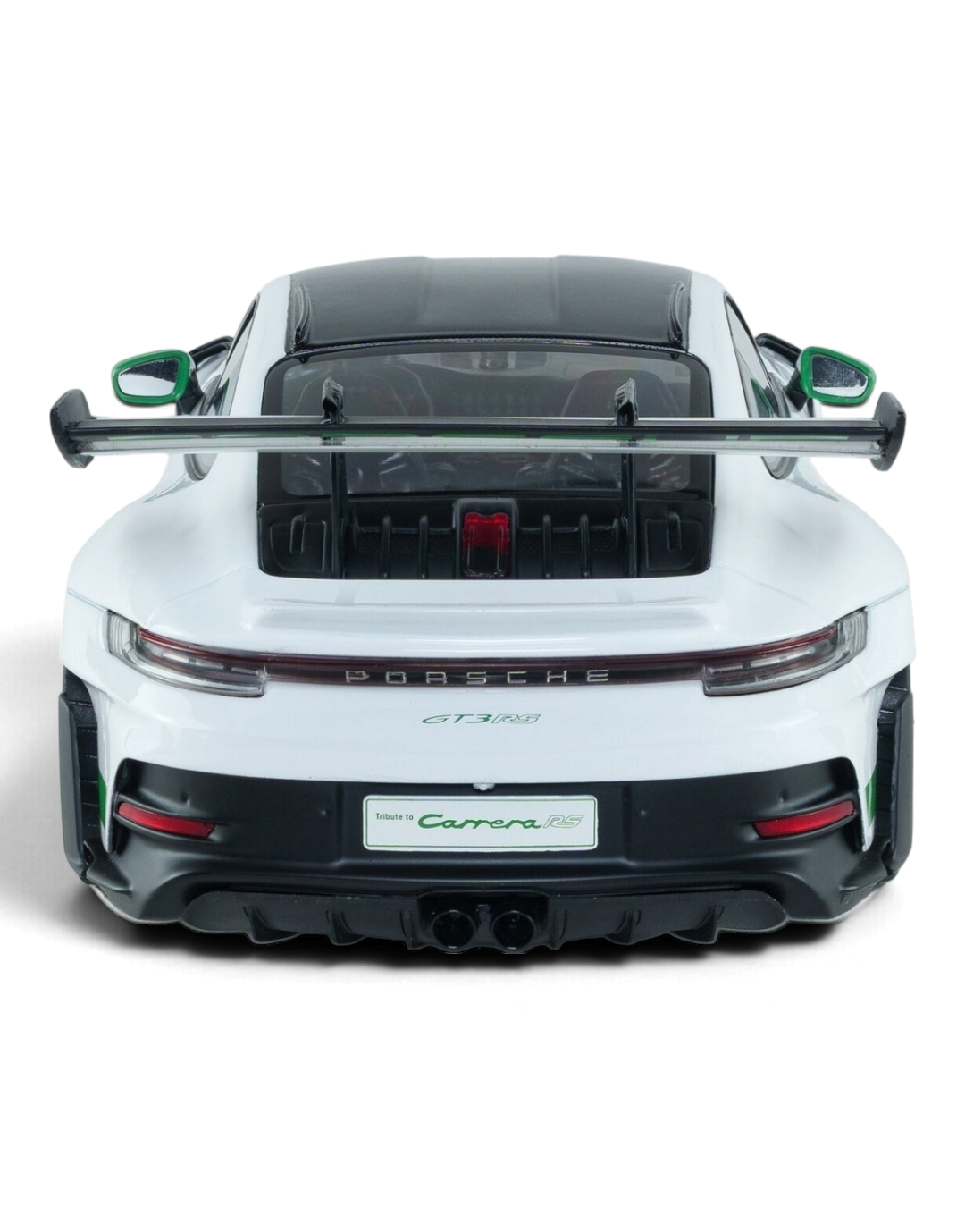 VaultifyUK Solido 1:18 scale white Porsche 911 GT3 RS model car with Python Green accents and rear wing view