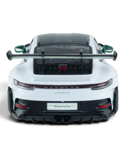 VaultifyUK Solido 1:18 scale white Porsche 911 GT3 RS model car with Python Green accents and rear wing view