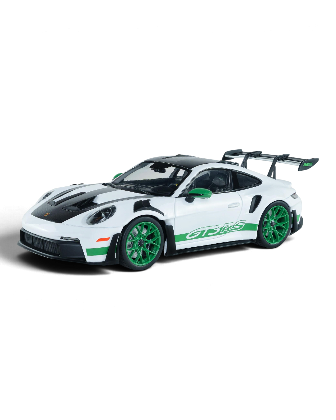 VaultifyUK Solido 1:18 scale white and Python Green Porsche 911 992 GT3 RS model car with Tribute to Carrera RS livery
