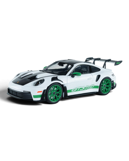 VaultifyUK Solido 1:18 scale white and Python Green Porsche 911 992 GT3 RS model car with Tribute to Carrera RS livery