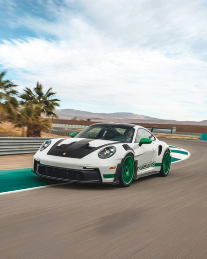 VaultifyUK 1:18 scale Solido Porsche 911 GT3 RS model in white with Python Green wheels and accents on a track