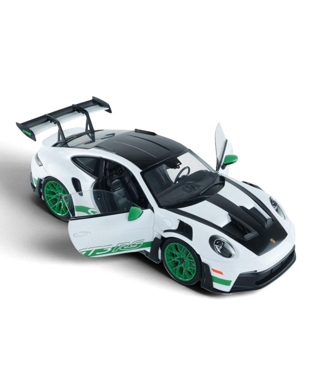 VaultifyUK 1:18 scale Solido Porsche 911 GT3 RS model in white with Python Green wheels and accents, doors open.