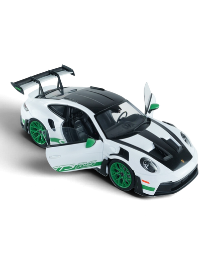 VaultifyUK 1:18 scale Solido Porsche 911 GT3 RS model in white with Python Green wheels and accents, doors open.
