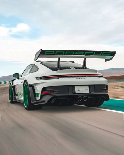 VaultifyUK Solido 1:18 scale white and Python Green Porsche 911 GT3 RS Tribute to Carrera RS model car on a track