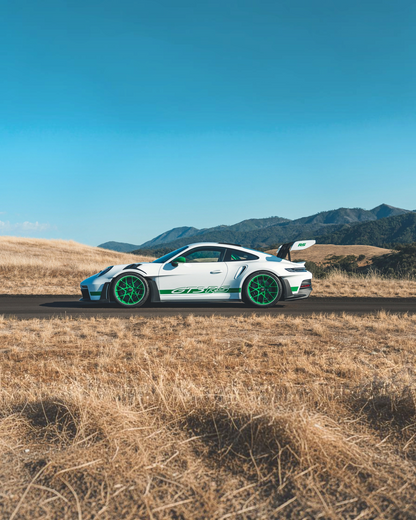 VaultifyUK Solido 1:18 scale Porsche 911 GT3 RS model in white with Python Green wheels and side script