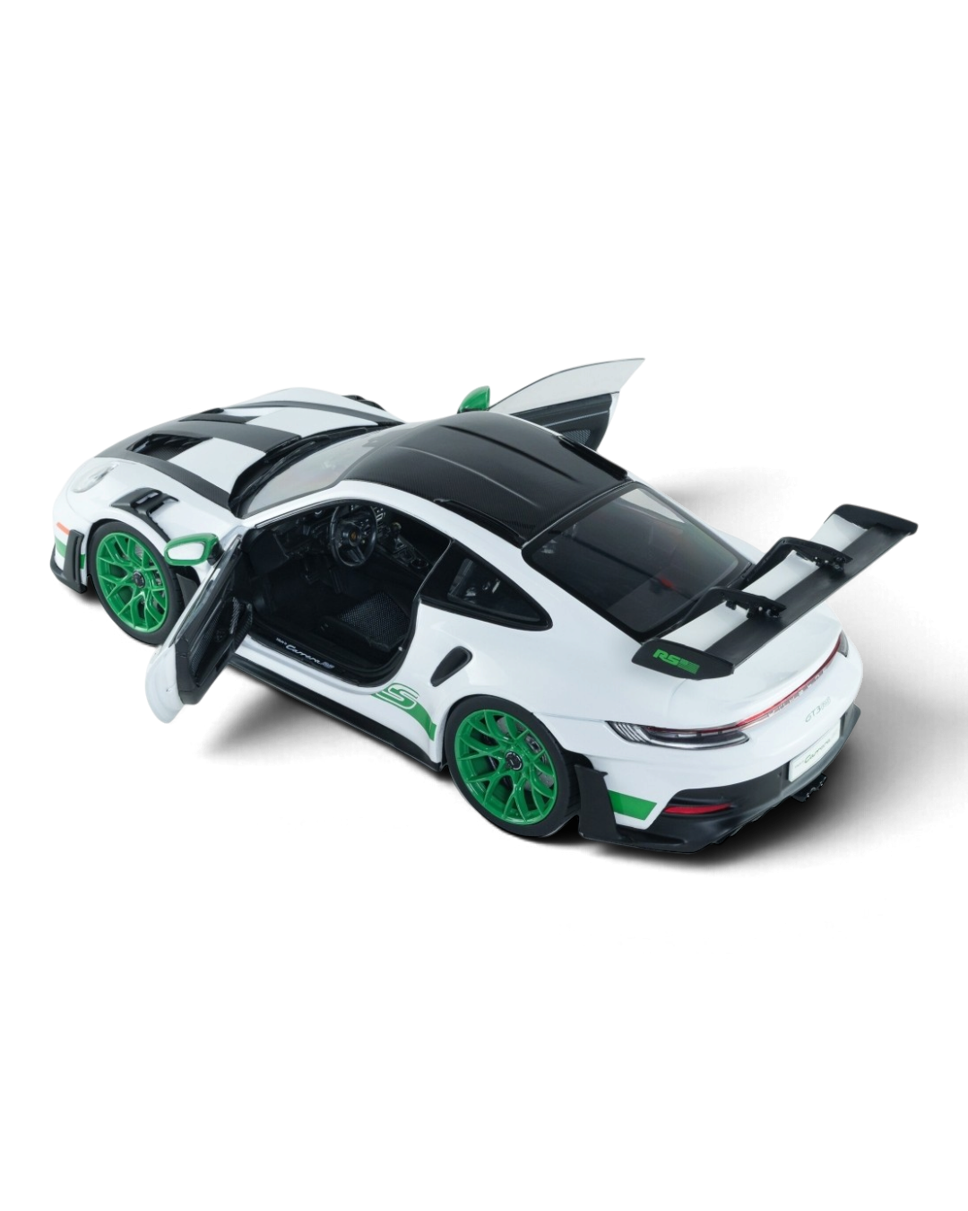 VaultifyUK Solido 1:18 scale white and Python Green Porsche 911 GT3 RS model car with opening doors