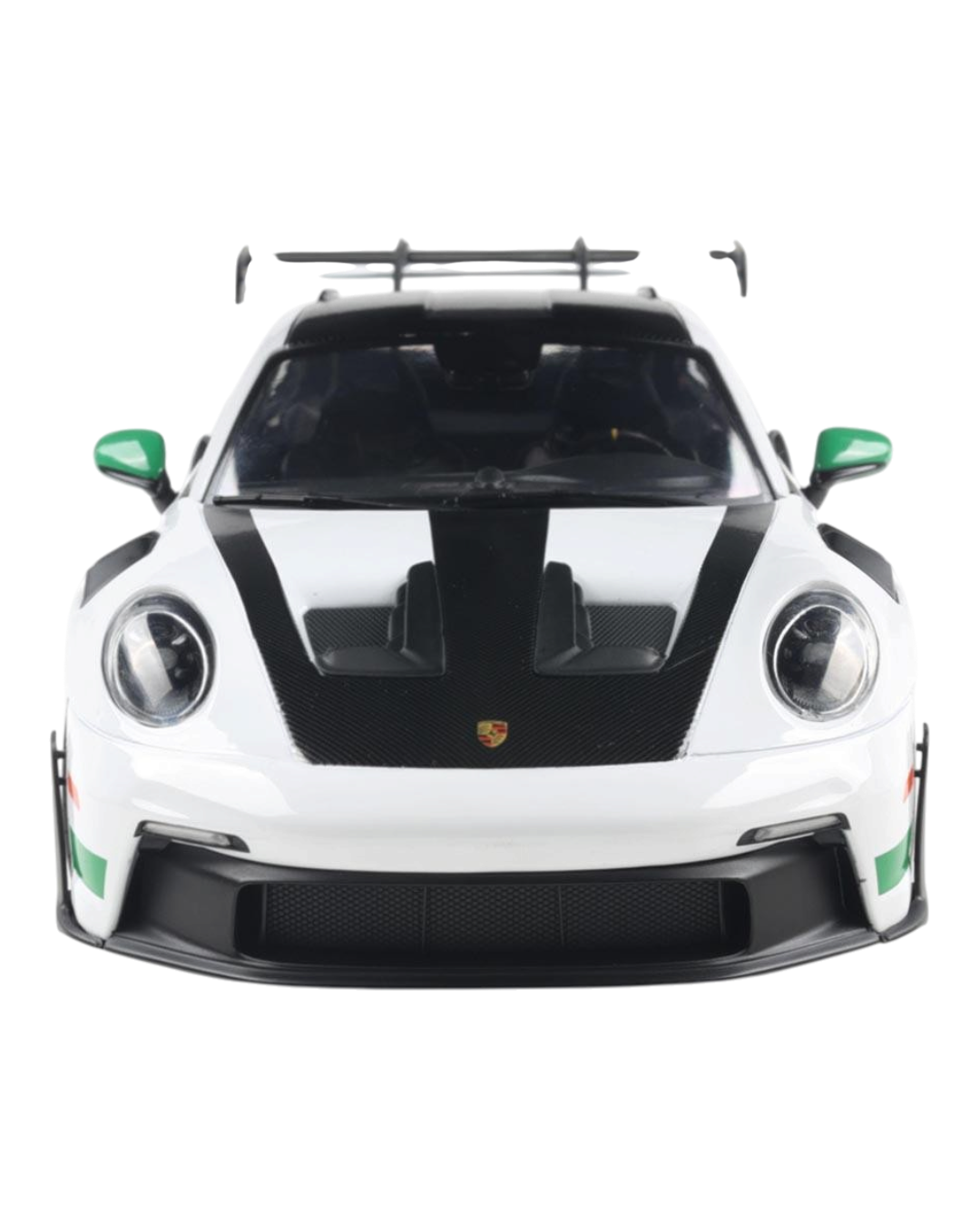 VaultifyUK Solido 1:18 scale Porsche 911 GT3 RS model in white with Python Green accents and carbon fiber details.