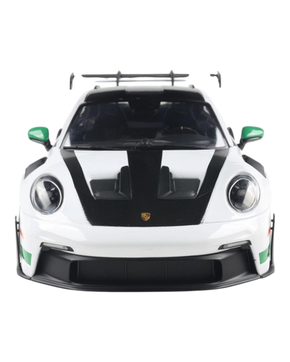VaultifyUK Solido 1:18 scale Porsche 911 GT3 RS model in white with Python Green accents and carbon fiber details.
