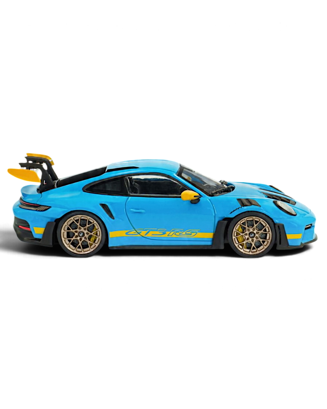 VaultifyUK Solido 1:43 scale Porsche 911 992 GT3 RS model in Riviera Blue with yellow accents and bronze wheels