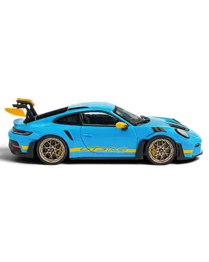 VaultifyUK Solido 1:43 scale Porsche 911 992 GT3 RS model in Riviera Blue with yellow accents and bronze wheels