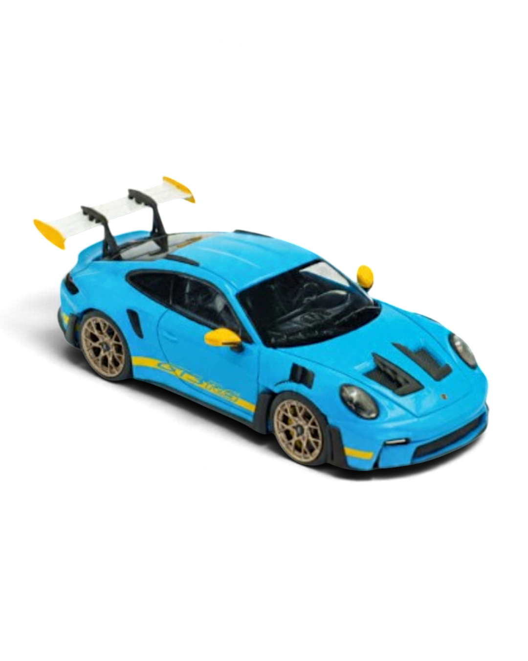 VaultifyUK Solido 1:43 scale Porsche 911 992 GT3 RS diecast model in Riviera Blue with yellow accents and rear wing.