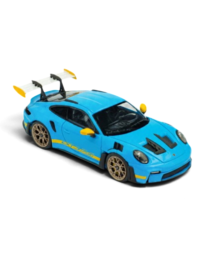 VaultifyUK Solido 1:43 scale Porsche 911 992 GT3 RS diecast model in Riviera Blue with yellow accents and rear wing.