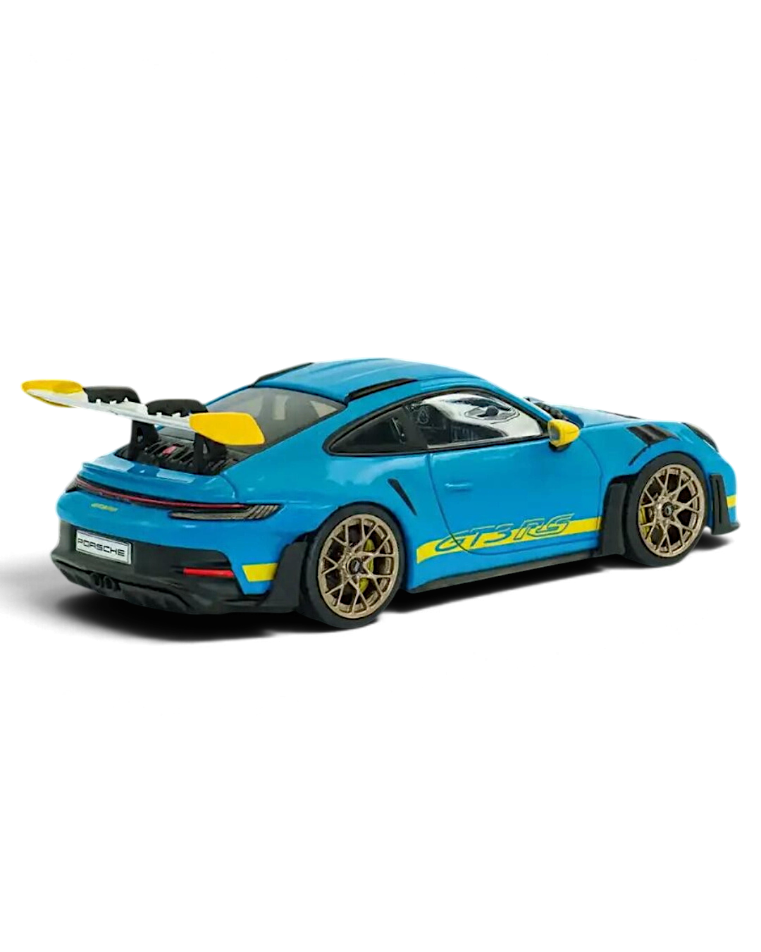 VaultifyUK 1:43 scale Solido Porsche 911 992 GT3 RS model in Riviera Blue with yellow accents and gold wheels