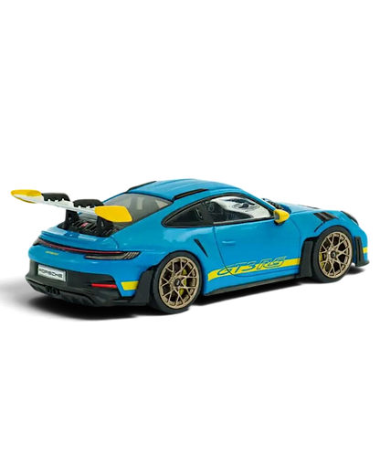 VaultifyUK 1:43 scale Solido Porsche 911 992 GT3 RS model in Riviera Blue with yellow accents and gold wheels