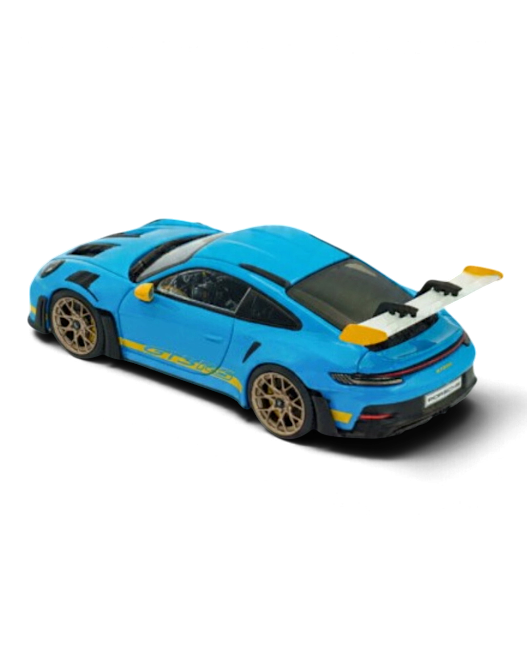 VaultifyUK Solido 1:43 scale Porsche 911 992 GT3 RS model car in Riviera Blue with yellow accents and rear wing