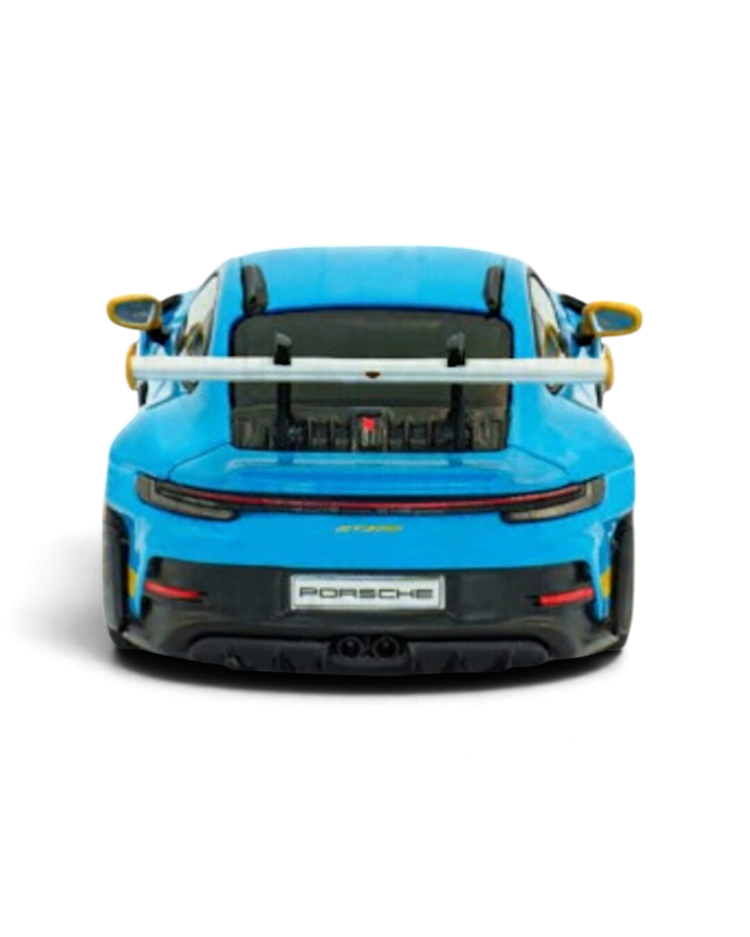 VaultifyUK 1:43 scale Solido Porsche 911 GT3 RS model in Riviera Blue with yellow accents, rear view.