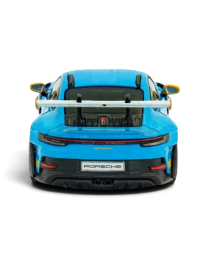 VaultifyUK 1:43 scale Solido Porsche 911 GT3 RS model in Riviera Blue with yellow accents, rear view.