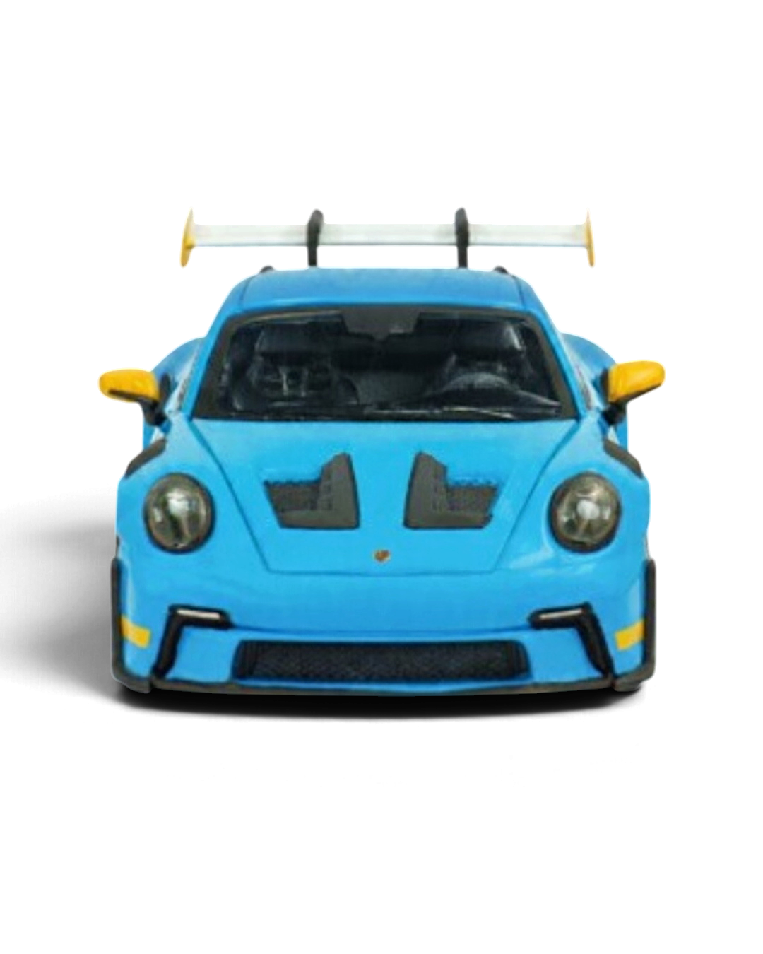 VaultifyUK Solido 1:43 scale Porsche 911 992 GT3 RS model in Riviera Blue with yellow accents, front view.