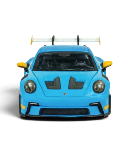 VaultifyUK Solido 1:43 scale Porsche 911 992 GT3 RS model in Riviera Blue with yellow accents, front view.