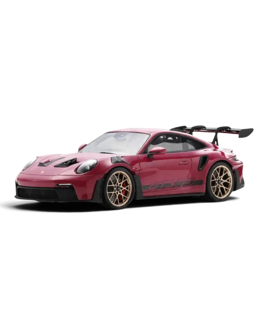 VaultifyUK Schuco 1:18 scale Porsche 911 992 GT3 RS model car in Rubystar magenta with gold wheels