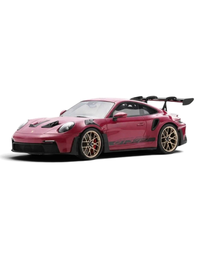 VaultifyUK Schuco 1:18 scale Porsche 911 992 GT3 RS model car in Rubystar magenta with gold wheels