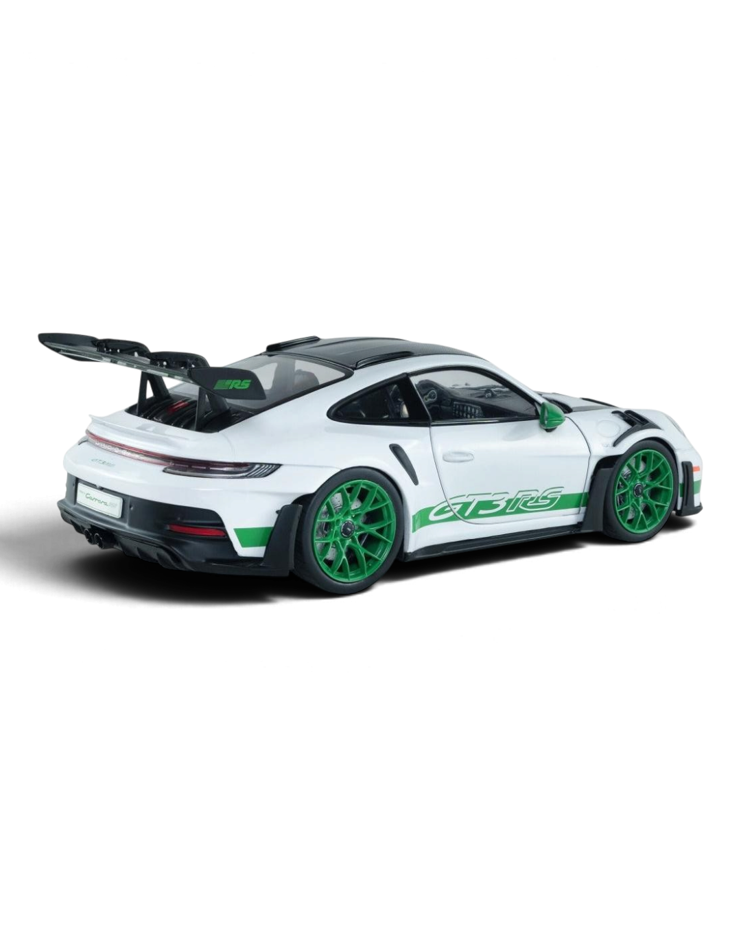 VaultifyUK Solido 1:18 scale white Porsche 911 GT3 RS model car with Python Green wheels and rear wing accents