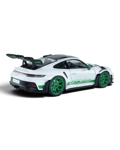 VaultifyUK Solido 1:18 scale white Porsche 911 GT3 RS model car with Python Green wheels and rear wing accents