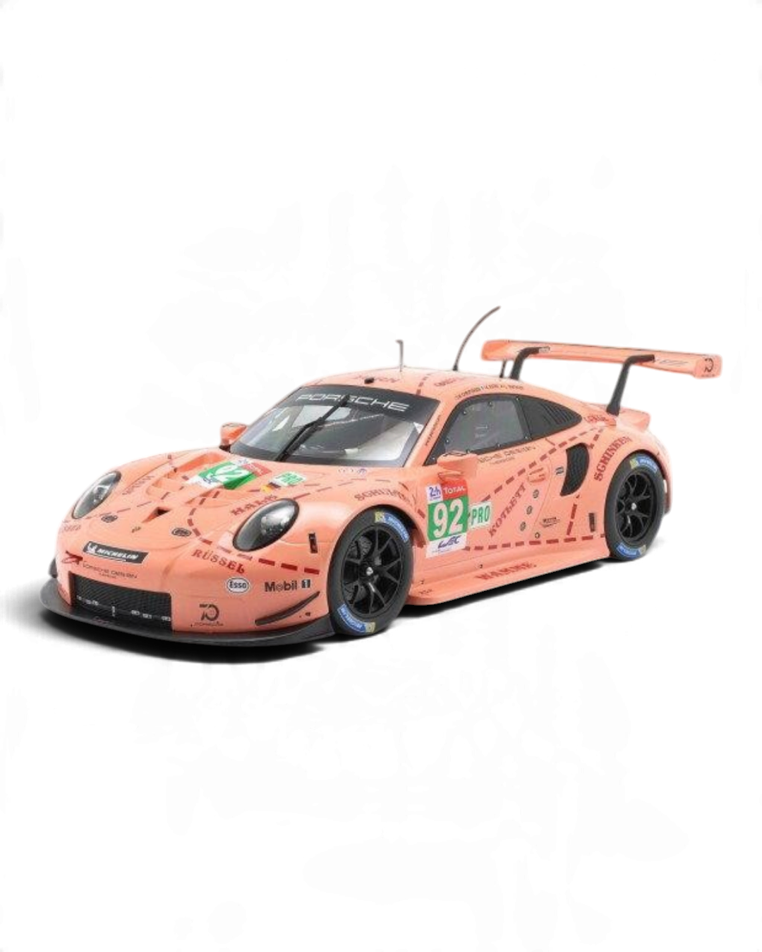 VaultifyUK 1:12 scale IXO Porsche 911 RSR Pink Pig model car featuring iconic 2018 Le Mans livery and racing details.