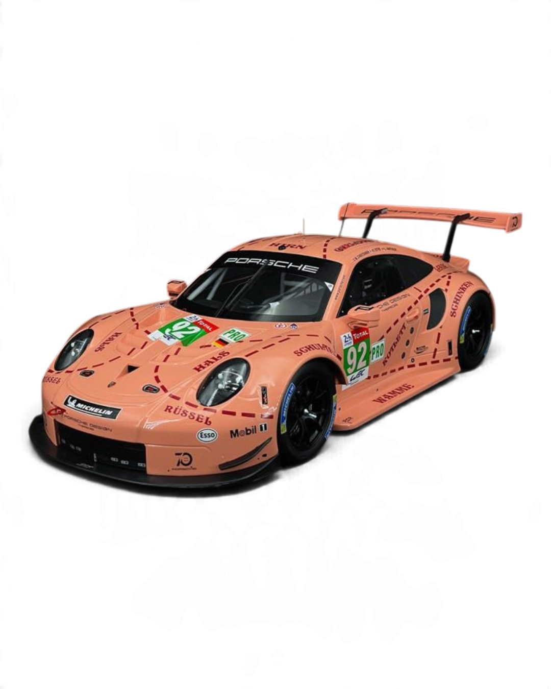 VaultifyUK 1:12 scale IXO Porsche 911 RSR Pink Pig model car featuring iconic 2018 Le Mans livery and racing details.
