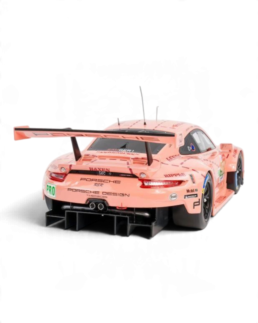 VaultifyUK 1:12 scale IXO Porsche 911 RSR Pink Pig model car, rear view showing iconic butcher-cut livery and spoiler.