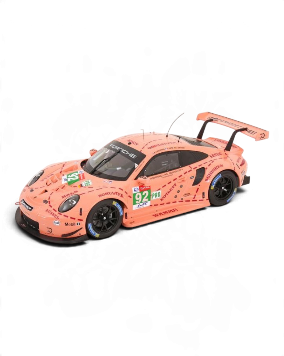 VaultifyUK 1:12 scale IXO Porsche 911 RSR Pink Pig model car with iconic butcher-cut livery from 2018 Le Mans winner