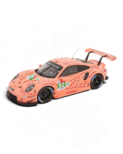 VaultifyUK 1:12 scale IXO Porsche 911 RSR Pink Pig model car with iconic butcher-cut livery from 2018 Le Mans winner