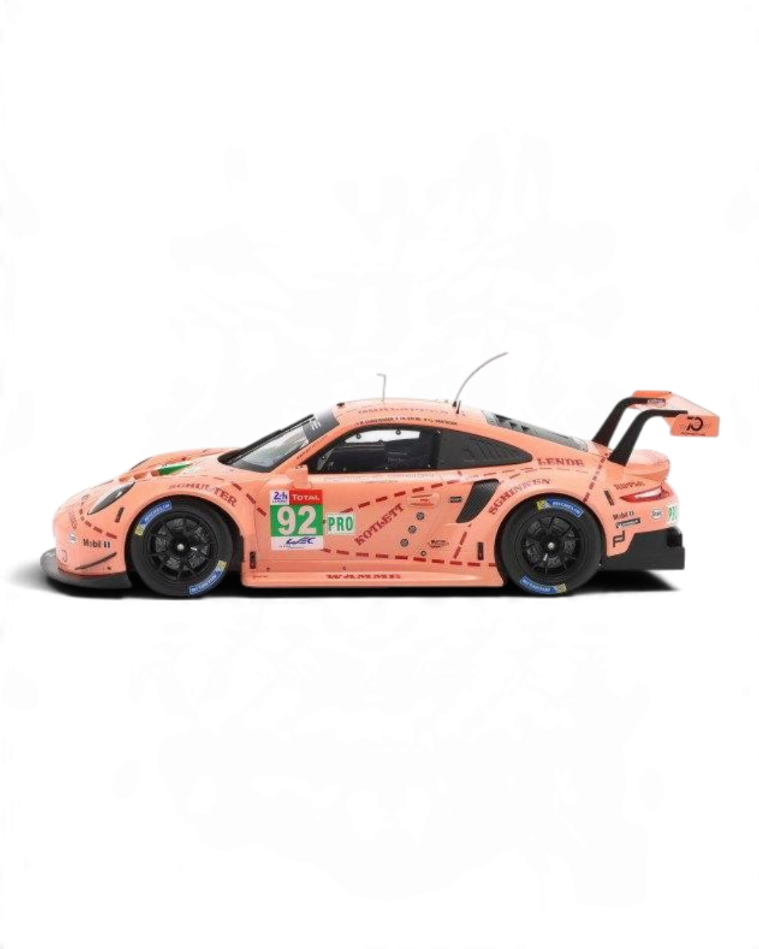 VaultifyUK 1:12 scale IXO Porsche 911 RSR Pink Pig model car, side view of the 2018 Le Mans LMGTE-Pro winning racer.
