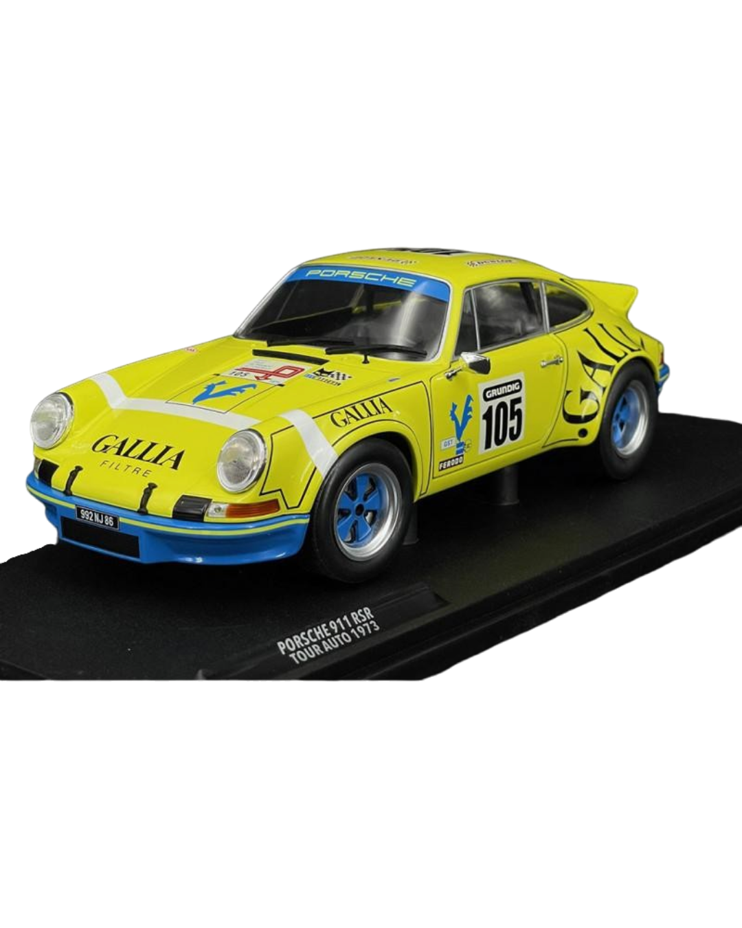 VaultifyUK 1:18 scale yellow Porsche 911 RSR #105 diecast model car from the 1973 Tour de France Automobile race.
