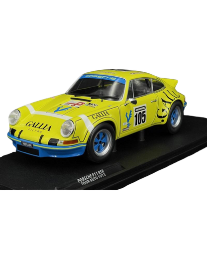VaultifyUK 1:18 scale yellow Porsche 911 RSR #105 diecast model car from the 1973 Tour de France Automobile race.