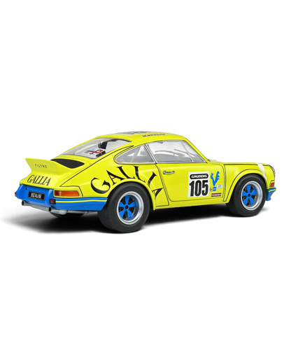 VaultifyUK 1:18 scale yellow Porsche 911 RSR #105 race car model from the 1973 Tour de France Automobile