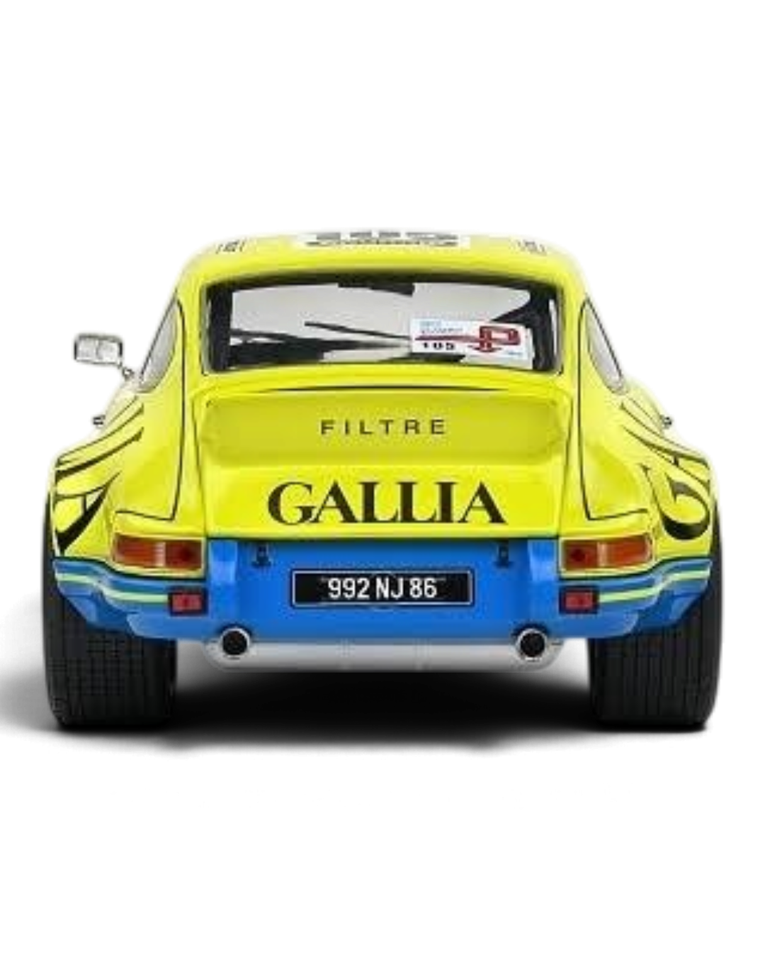VaultifyUK 1:18 scale yellow Porsche 911 RSR #105 diecast model car, rear view showing Gallia livery and racing details.